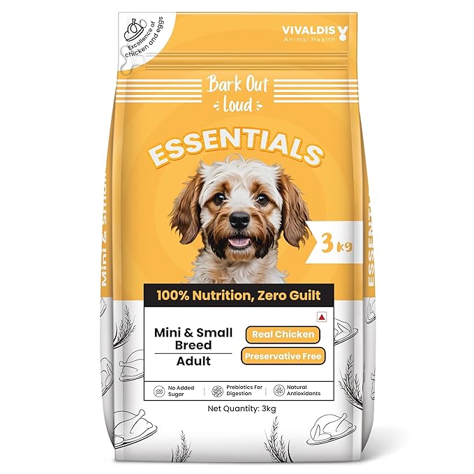 BARK OUT LOUD Essentials Small & Mini Breed Adult Dog Food – Real Chicken & Egg | Gluten-Free, Prebiotics & Fish Oil for Immunity | Dry Dog Food for Shihtzu, Poodle – 3 Kg