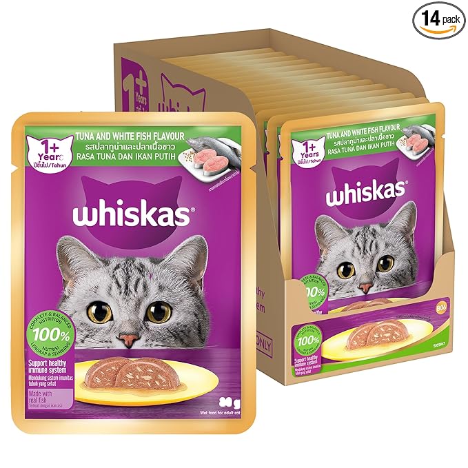 Whiskas Adult (1+ Years) Wet Cat Food, Tuna & White Fish Flavour, 80 g x 14, 100% Complete & Balanced Nutrition, Supports Healthy Immune System