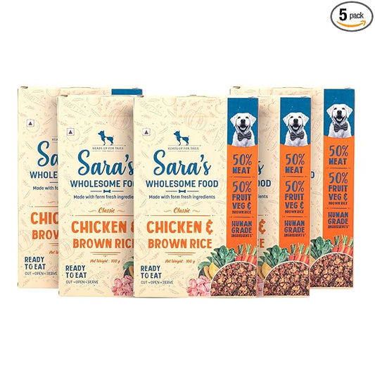 Heads Up For Tails Huft Sara's Wholesome Food - Classic Chicken and Brown Rice Dog Food | No Artificial Flavours Free for All Breeds - 100Gm | Pack of 5, All Life Stages, Gravy