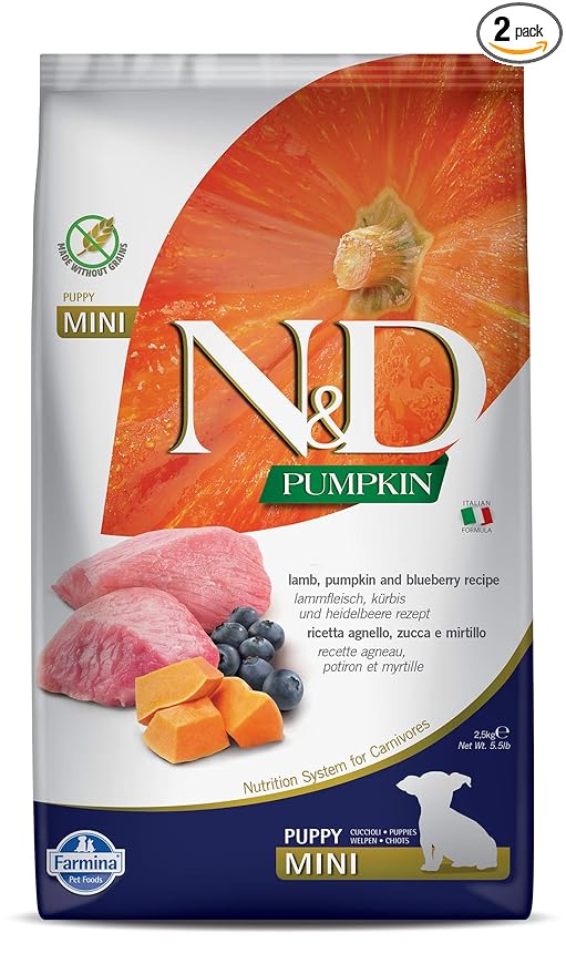 Farmina N&D Pumpkin Puppy Mini Dog Food | Lamb, Blueberry & Pumpkin |Rich in Anti-oxidants| Complete Food for Puppies | 2.5kg | No Artificial Preservatives