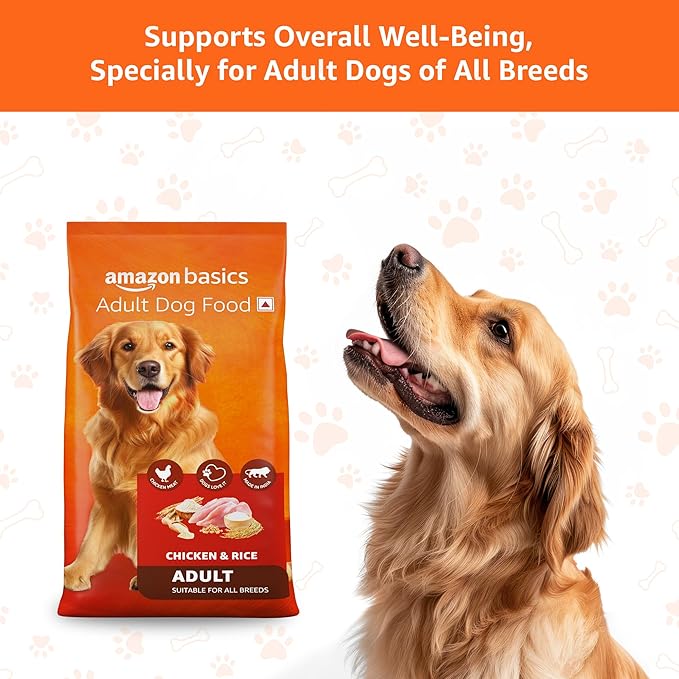 Amazon Basics Dry Dog Food | 10 Kg | Chicken & Rice | with Real Chicken Meat | Kibble for Adult Dogs | Packed with Protein | Suitable for All Breeds