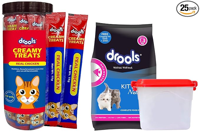 Drools Creamy Cat Treats, Real Chicken, 375 Gm (Pack of 25) & Kitten(1-12 Months) Dry Cat Food, Ocean Fish, 1.2Kg with Free Container
