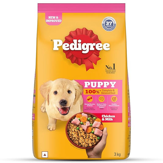 Pedigree Puppy Dry Dog Food, Chicken & Milk, 3 kg, Contains 37 Essential Nutrients, 100% Complete & Balanced Food for Puppies