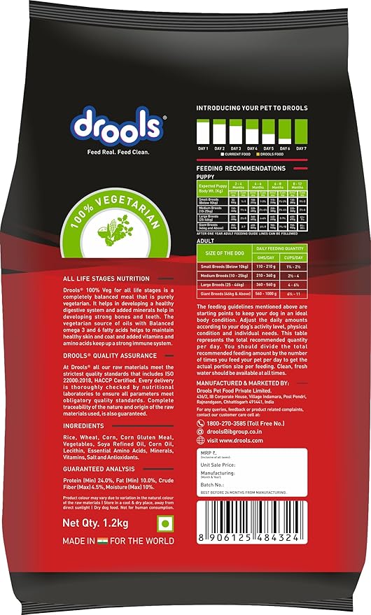 Drools Adult & Puppy Dry Dog Food 1.2 kg Pack | 100% Vegetable Flavour | All Lifestages | Better Digestibility | Strong Bone and Teeth Development | Boosted Immunity