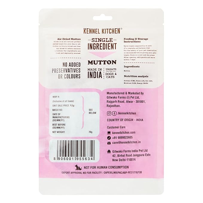 Kennel Kitchen Air Dried Dog Treats | Mutton Slices | 70g (Pack of 1) | Grain Free Natural Treats | Single Ingredient | Preservative Free
