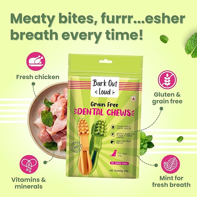 BARK OUT LOUD - Dental Treats | Brush Shape Dog Chews | Removes Plaque/Tartar | Fresh Smell | Oral Care Gluten Free| Chicken Dog Treats (100 GMS)