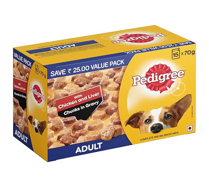 Pedigree Adult Dry Dog Food, Chicken & Vegetables, 10kg Pack & Pedigree Adult Wet Dog Food, Chicken & Liver Chunks in Gravy, 70 g (Pack of 15)