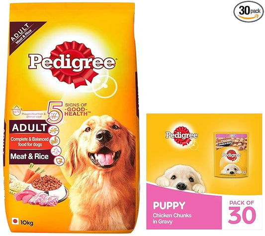Pedigree Adult Dry Dog Food, Meat & Rice, 10kg Pack & Puppy Wet Dog Food, Chicken Chunks in Gravy, 70 g (Pack of 30)