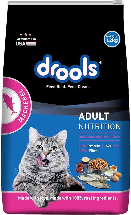 Drools Adult Dry Cat Food 1.2kg Pack | Mackerel Flavour | Enriched with Essential Nutrients | Healthy Skin & Beautiful Coat | Complete Nutrition | Digestive Health | Healthy Growth