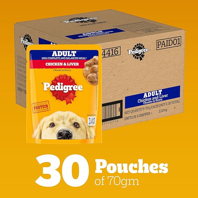 Pedigree Adult Wet Dog Food, Chicken & Liver Chunks in Gravy, 70 g (Pack of 30), Complete & Balanced Meal for Adult Dogs