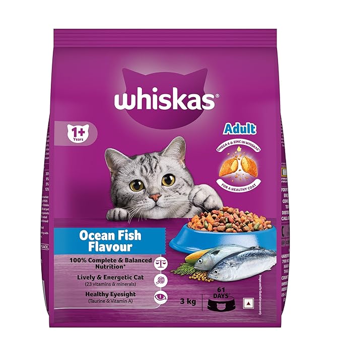 Whiskas Adult (1+ Years) Dry Cat Food, Ocean Fish Flavour, 3 kg, Contains 41 Essential Nutrients, Complete & Balanced Nutrition for Adult Cats (Pack of 3)