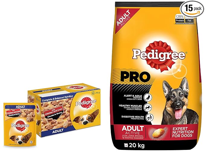 Pedigree Adult Wet Dog Food, Chicken & Liver Chunks in Gravy, 70 g (Pack of 15) & PRO Expert Nutrition Active Adult Large Breed Dog (18 Months Onwards) Dry Pellet Dog Food, Chicken, 20kg Pack