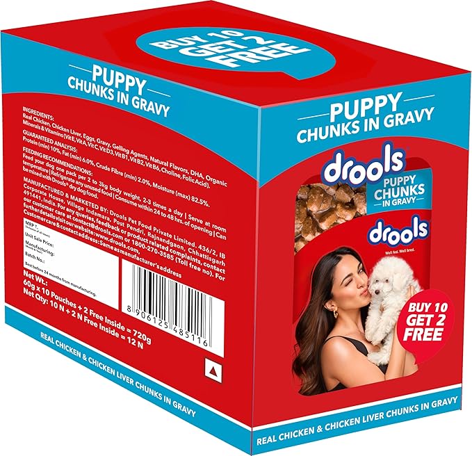Drools Puppy Wet Dog Food 10 Pouches + 2 Pouches Free (12 x 60g) | Real Chicken and Chicken Liver Chunks in Gravy | Healthy Skin and Coat | Maintains Joint Health | Better Digestibility and Health