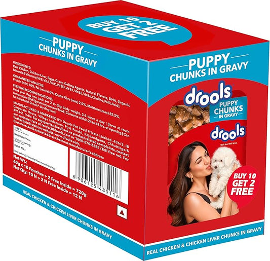 Drools Puppy Wet Dog Food 10 Pouches + 2 Pouches Free (12 x 60g) | Real Chicken and Chicken Liver Chunks in Gravy | Healthy Skin and Coat | Maintains Joint Health | Better Digestibility and Health