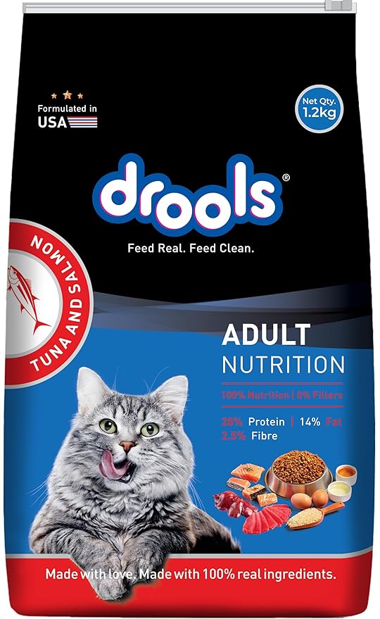 Drools Adult Dry Cat Food 1.2kg Pack | Tuna & Salmon Flavour |Taurine That Helps Maintain a Healthy Heart | Healthy Skin & Beautiful Coat | Complete Nutrition | Digestive Health | Healthy Growth