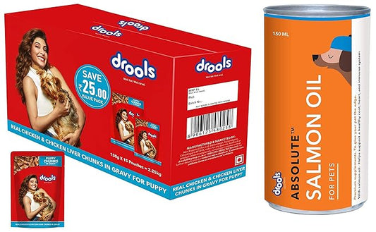 Drools Puppy Wet Dog Food, Real Chicken and Chicken Liver Chunks in Gravy, 15 Pouches (15 x 150g) & All Life Stages Absolute Calcium Bone Pouch, Chicken, 190 g