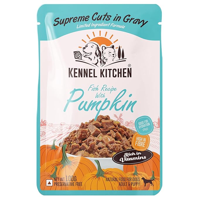 Kennel Kitchen Supreme Cuts in Gravy, Fish Recipe with Pumpkin, 130g (Pack of 12) Wet Dog Food for Adult and Puppy