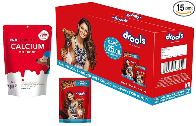 Drools Adult Wet Dog Food, Real Chicken and Chicken Liver Chunks in Gravy, 15 Pouches (15 x 150g) & All Life Stages Absolute Calcium Bone Pouch, Chicken, 190 g