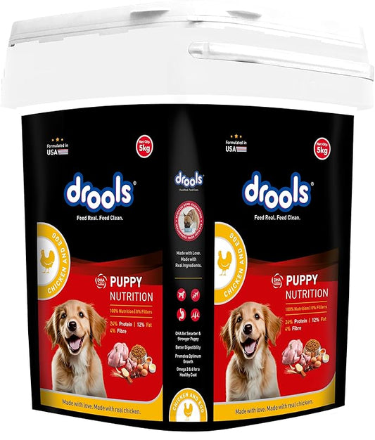 Drools Puppy Dry Dog Food Inside Container 5kg | Chicken and Egg Flavour | Digestive Support | Immune Boosting | DHA Helps in Brain Development | Highly Palatable