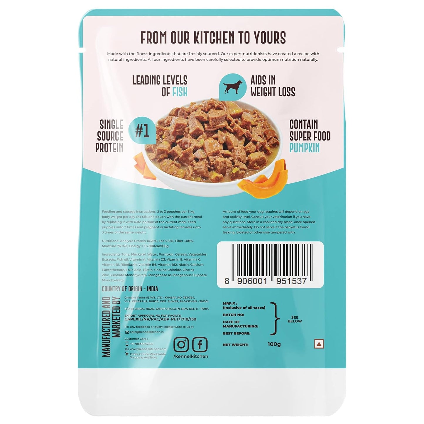 Kennel Kitchen Supreme Cuts in Gravy, Fish Recipe with Pumpkin, 130g (Pack of 12) Wet Dog Food for Adult and Puppy