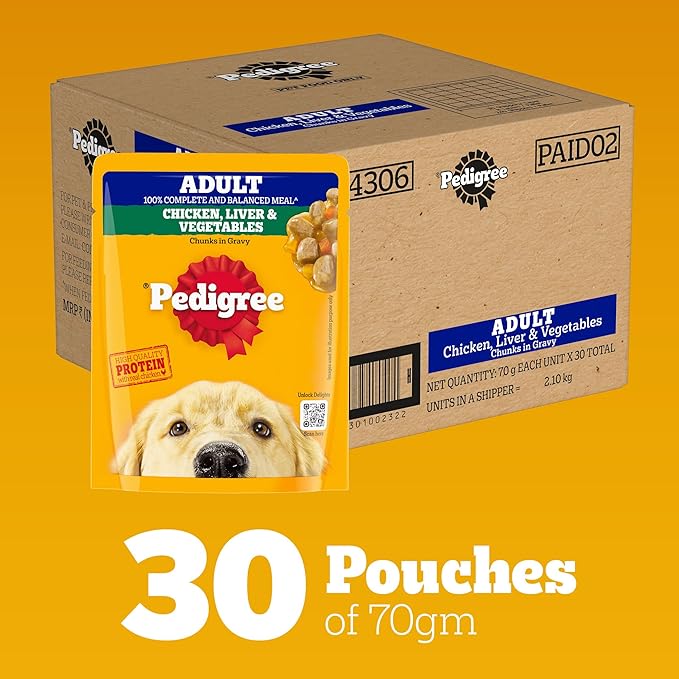 Pedigree Adult Wet Dog Food, Grilled Liver Chunks Flavour in Gravy with Vegetables, 70 g (Pack of 30), Complete & Balanced Nutrition for Adult Dogs