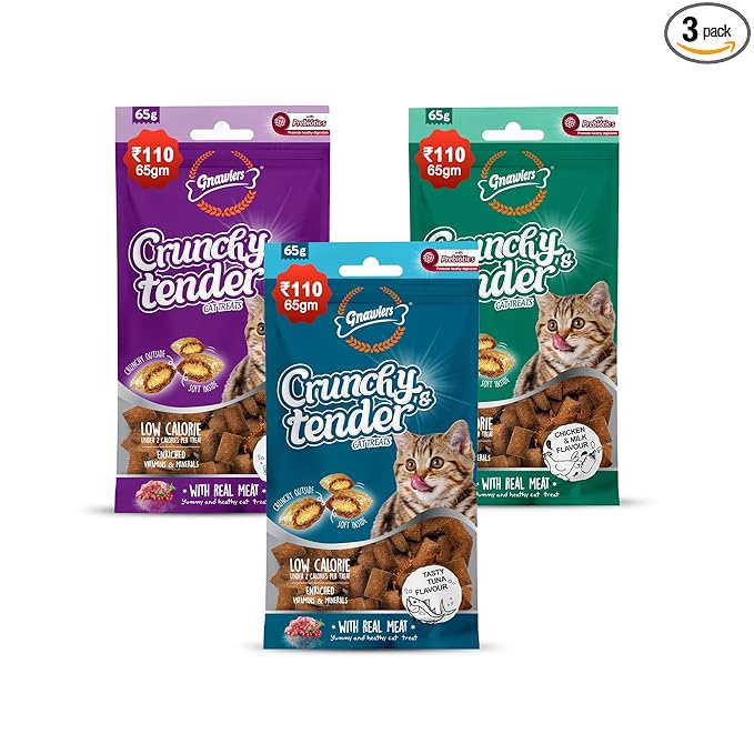 Gnawlers Crunchy & Tender Cat Treats 65g - Tasty Tuna, Salmon, Chicken& Milk Flavour (Pack of 3) Newly Launched by DogsNCats