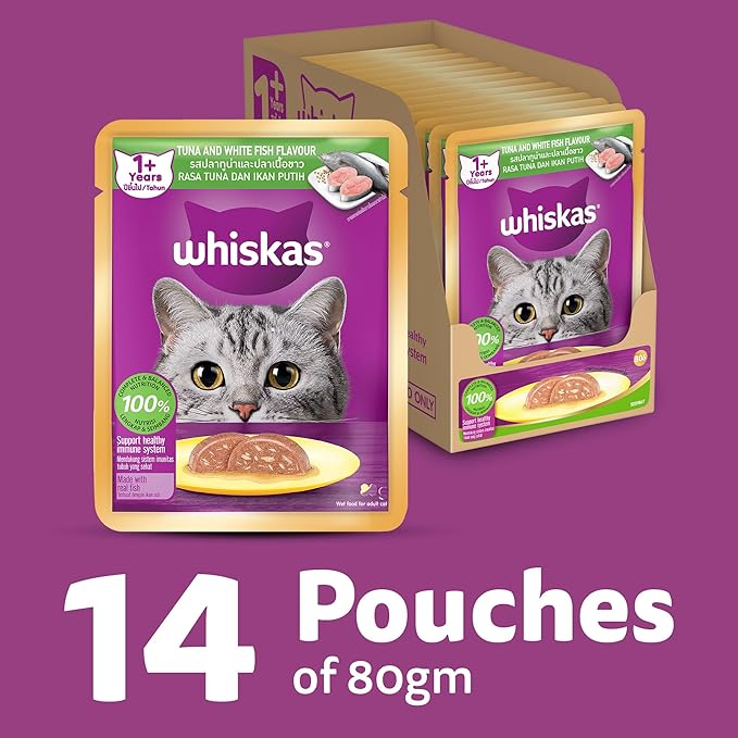 Whiskas Adult (1+ Years) Wet Cat Food, Tuna & White Fish Flavour, 80 g x 14, 100% Complete & Balanced Nutrition, Supports Healthy Immune System