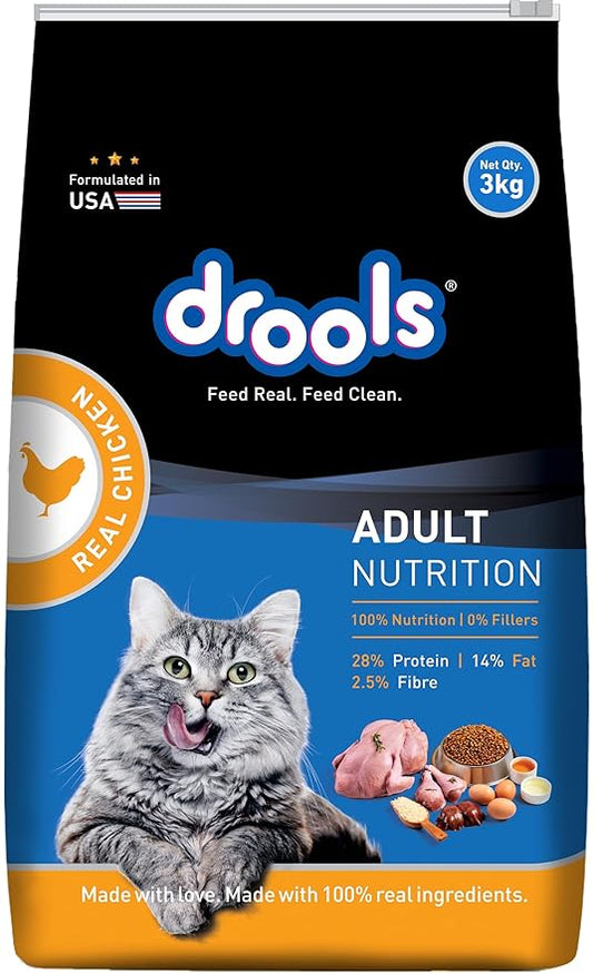 Drools Adult Dry Cat Food 3kg Pack | Real Chicken Flavour | Healthy Skin & Beautiful Coat | Hairball Protection | Better Vision and Shiny Coat | Complete Nutrition