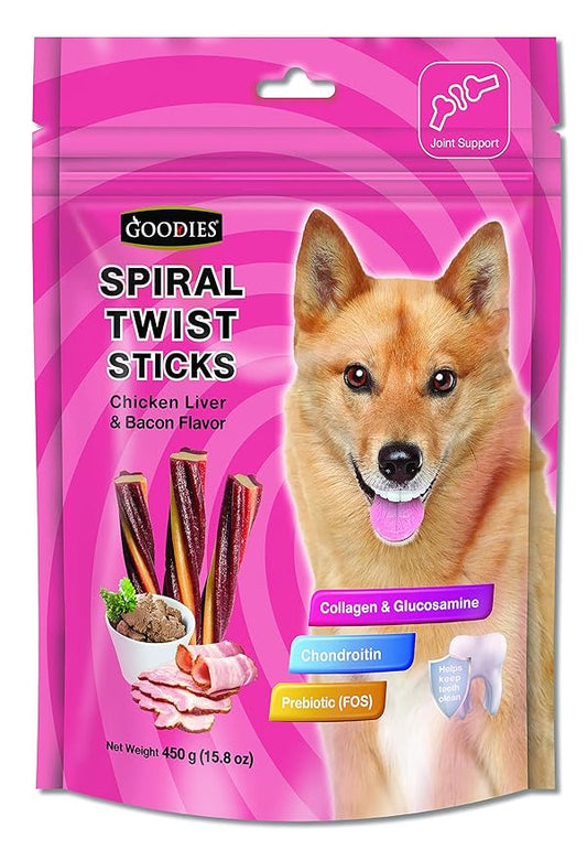 Goodies Dog Energy Treats Spiral Twist Stick Chicken Liver & Bacon Flavor 98% Healthy Snack & Training Treat,Best for Dog (1 x 450g) with Free Jerhigh Milky Stick 20g (Newly Launched),All Life Stages