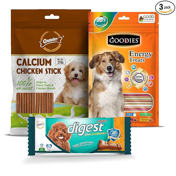 Gnawlers Goodies Dog Energy Treats Combo - Calcium Chicken Stick 270g, Energy Treat Mix Stick 125g, Digest More 15g - Sold by DogsNCats