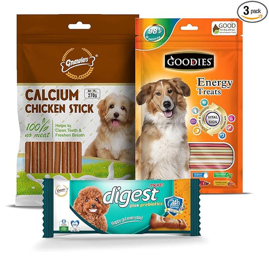 Gnawlers Goodies Dog Energy Treats Combo - Calcium Chicken Stick 270g, Energy Treat Mix Stick 125g, Digest More 15g - Sold by DogsNCats
