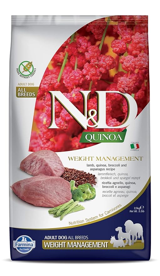 N&D FARMINA PET FOODS Quinoa Weight Management Dry Dog Food, Grain-Free, Adult Breed, 2.5- Kg, Lamb Broccoli and Asparagus,Pack of 1
