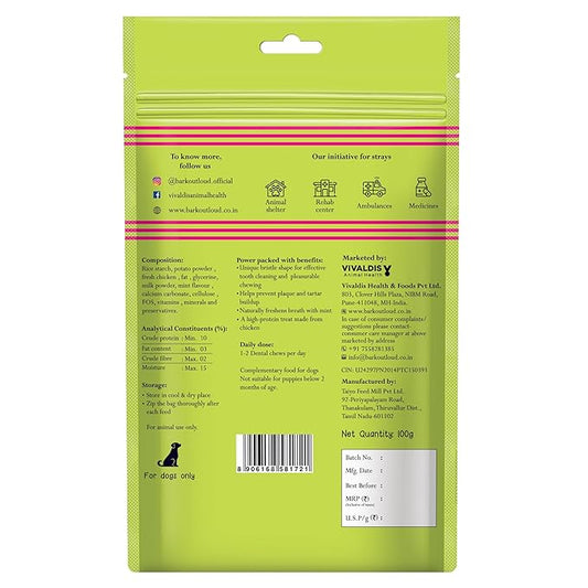 BARK OUT LOUD - Dental Treats | Brush Shape Dog Chews | Removes Plaque/Tartar | Fresh Smell | Oral Care Gluten Free| Chicken Dog Treats (100 GMS)