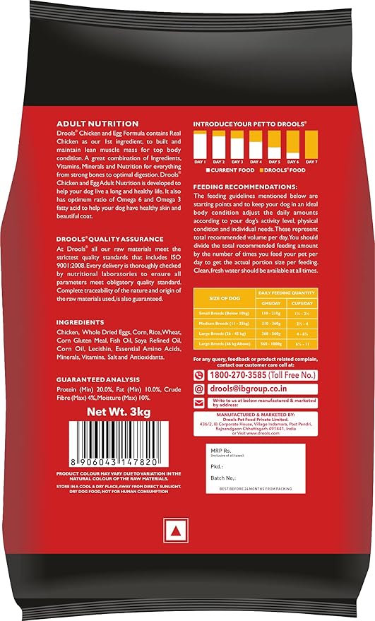 Drools Adult Dry Dog Food 3kg with Free 1.2kg, Total 4.2kg Pack | Chicken and Egg Flavour | Active behaviour | Digestive Health | Immunity | Better Digestbility & Health