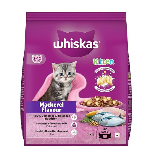 Whiskas Junior Mother Cat & Kitten (2-12 Months) Dry Cat Food, Mackerel Fish Flavour, 3 kg, Contains 41 Essential Nutrients, Complete & Balanced Nutrition for Mother Cats & Kittens