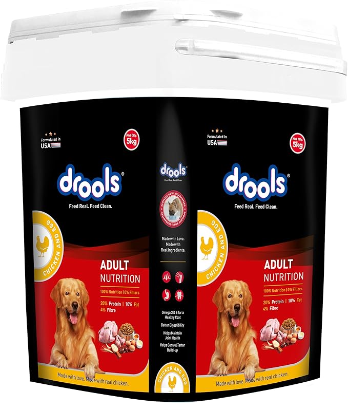 Drools Adult Dry Dog Food Inside Container 5kg | Chicken and Egg Flavour | Omega 3 & 6 for Healthy Growth | Better Digestibility & Health | Maintains Joint Health | Helps Control Tartar Buildup