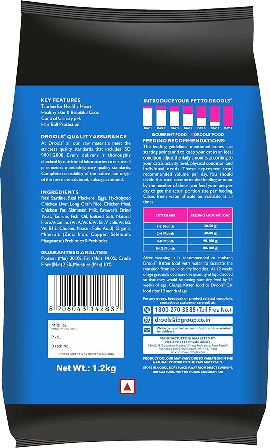 Drools Chicken and Egg Adult Dry Dog Food, 3 Kg with Free 1.2 Kg&Kitten(1-12 Months) Dry Cat Food, Ocean Fish, 1.2Kg with Free Container