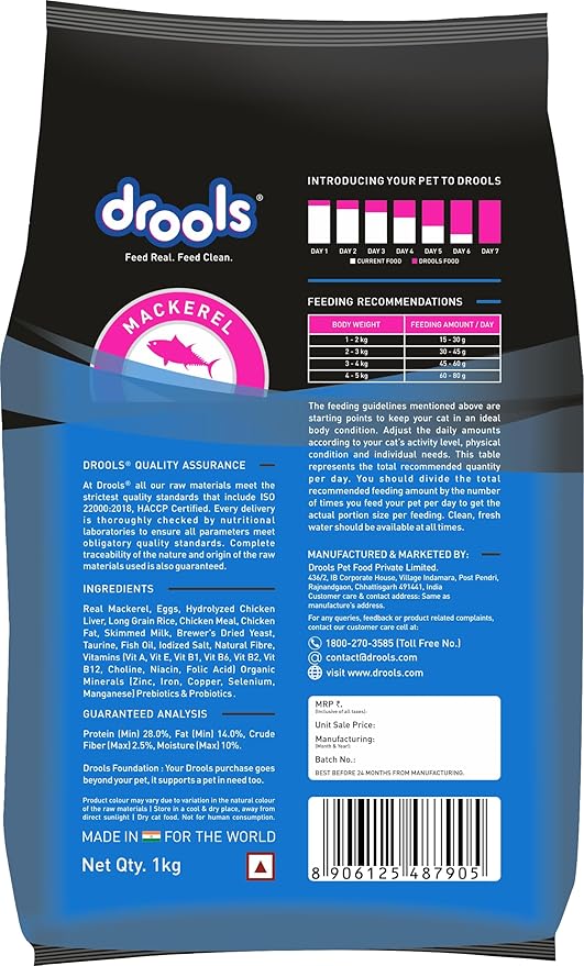 Drools Cat Adult Dry Cat Food 1kg with Free Cat Creamy Treat 75g | Mackerel Flavour | Hair Ball Protection | Taurine for Healthy Heart | Healthy Skin & Beautiful Coat