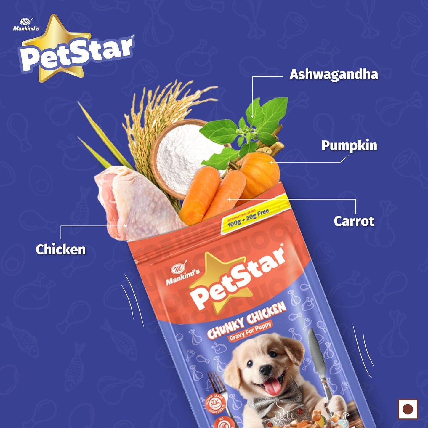 Mankind Petstar Puppy Wet Dog Food (High Protein) Chunky Chicken Gravy, 120g (Pack of 15) | Made with Real Chicken & Veggies |No Artificial Flavors