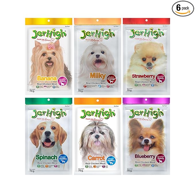 JerHigh Real Chicken Food Treat Spinach, Blueberry, Carrot, Strawberry, Milk, Banana Flavor 6 Pack Combo Set 70G for Dogs by Dogsncats, All Life Stages