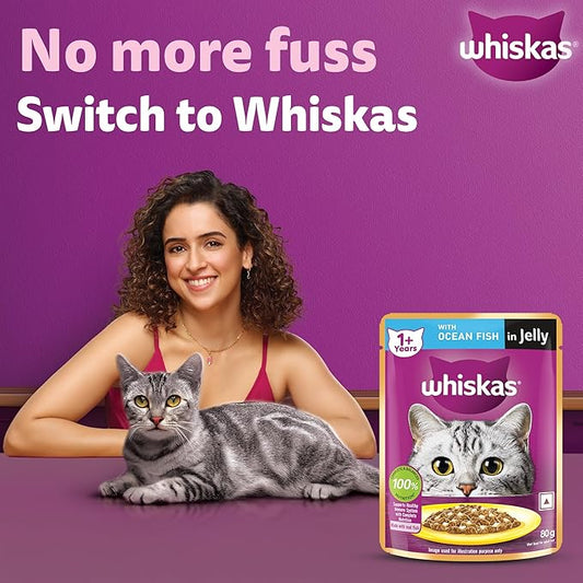 Whiskas Adult (1+ year) Wet Cat Food, Ocean Fish Flavor, 80 g Hydrating Food Made With Real Fish, 100% Complete & Balanced Nutrition for Adult Cats