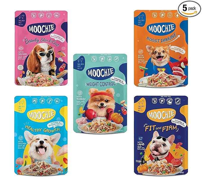 PETS EMPIRE Moochie Wet Dog Food Combo (85g X 5) Grain Free Gavy Meal, No Artificial Flavours, High Protein Dogs Gravy Foods, Non-Vegetarian Pet Meals, All Flavour Mix for Dogs, Puppy