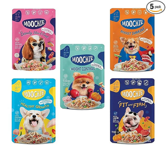 PETS EMPIRE Moochie Wet Dog Food Combo (85g X 5) Grain Free Gavy Meal, No Artificial Flavours, High Protein Dogs Gravy Foods, Non-Vegetarian Pet Meals, All Flavour Mix for Dogs, Puppy