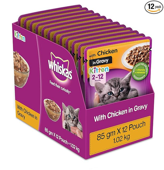 Whiskas Wet Food for Kittens (2-12 Months), Chicken in Gravy Flavour, 12 Pouches (12 x 85g)