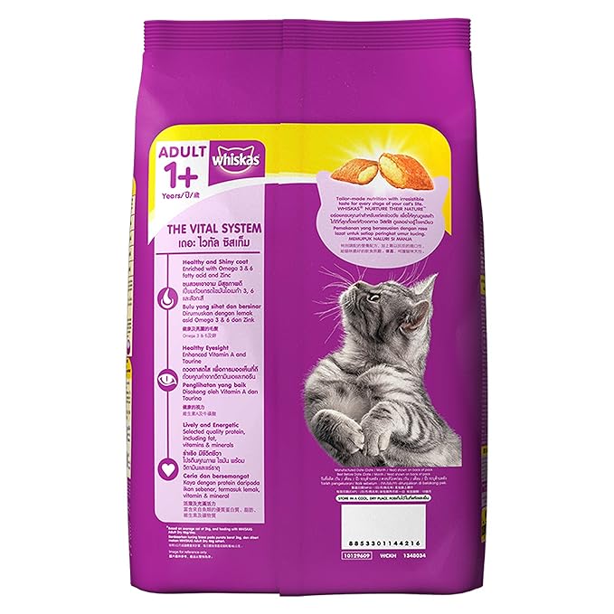 Whiskas Adult (+1 Year) Dry Cat Food, Chicken Flavour, 1.2kg Pack and Adult (+1 Year) Dry Cat Food, Ocean Fish Flavour, 1.2kg Pack