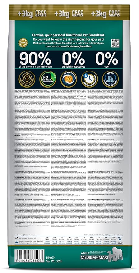 FARMINA PET FOODS Ancestral Grain Selection Dry Dog Food, Adult Medium & Maxi Breed, 12kg + 3kg Free, Chicken and Pomegranate